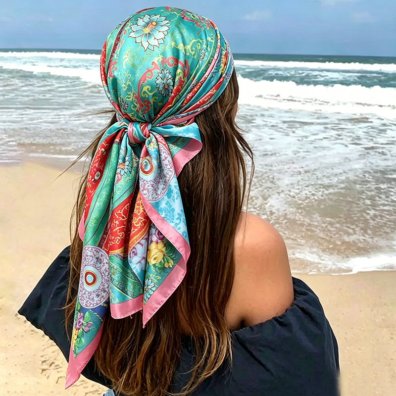 Foulard carré de luxe en satin de 90 cm pour femme, hijab, châle, bandeau, écharpe en soie, bandana