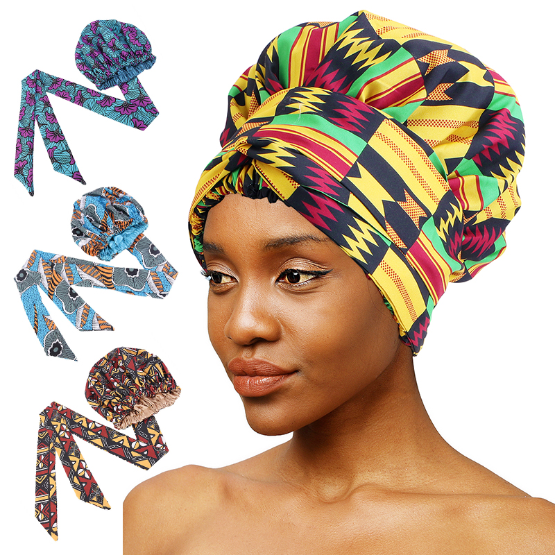Bonnet de Nuit en Satin Imprimé à Motif Africain pour Femme, Long Ruban, Écharpe de Sauna Double Couche, Grande Taille, Couverture de Cheveux pour Adulte