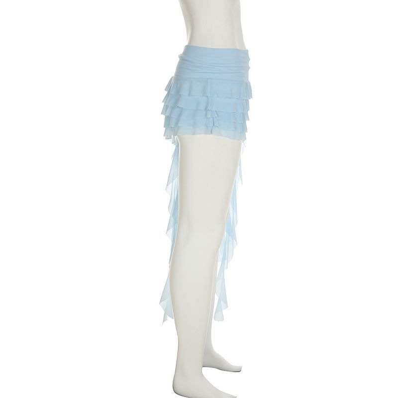 Mini jupe taille haute en maille pour femmes, ourlet fluide, jupes Y2K, élastique irrégulière, été coréen, multicouche, garniture à volants, Lingerie