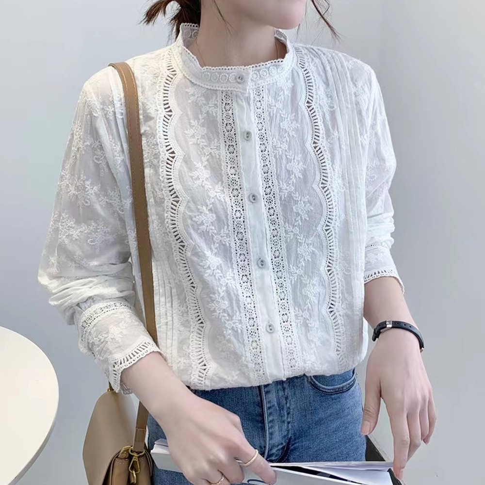 Blouses élégantes et raffinées pour femmes, style bohème, à manches longues, en dentelle brodée et ajourée, chemisiers pour dames, vêtements de mode pour femmes 2027