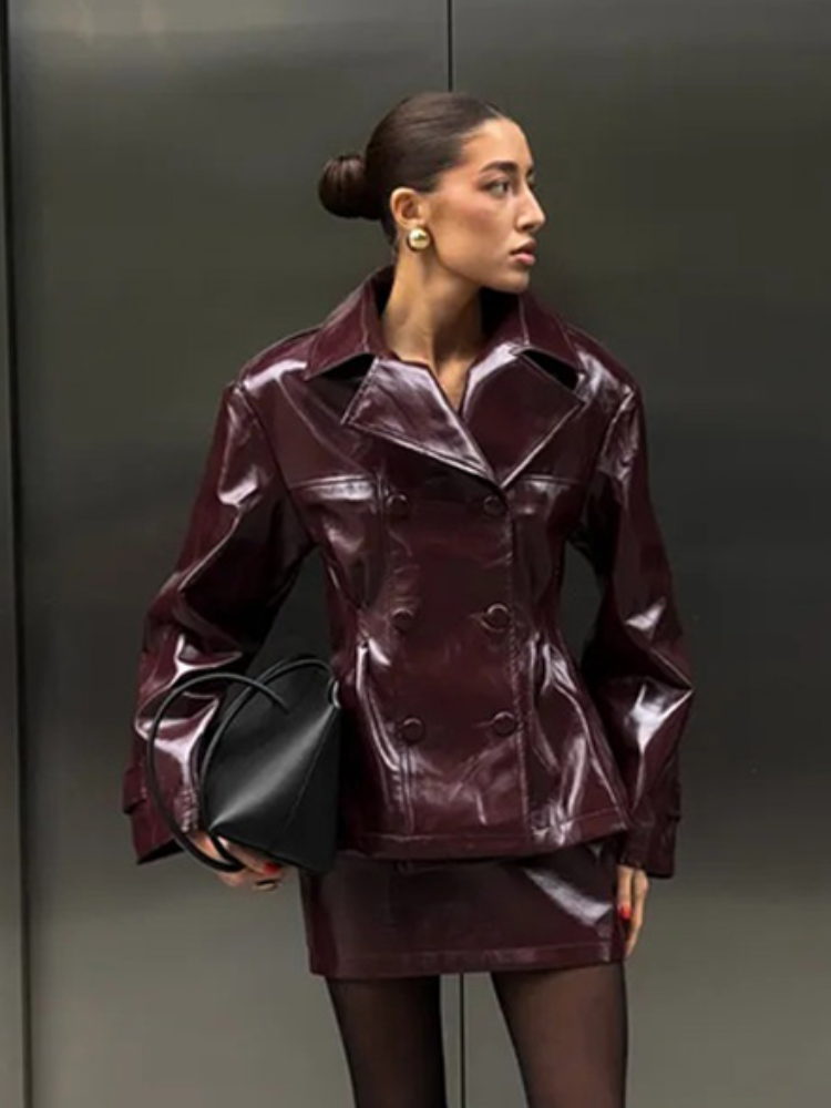 Ensemble Mini jupe de rue en cuir Pu pour femmes, col à revers, manches longues, manteau à Double boutonnage, costume début d'automne, tenue de rue