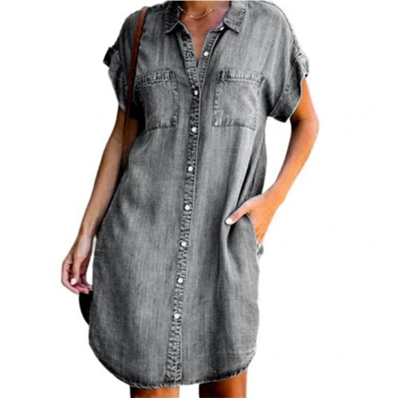 Femmes Denim chemise robes à manches courtes en détresse Jean robe boutonnée décontracté mode tunique haut