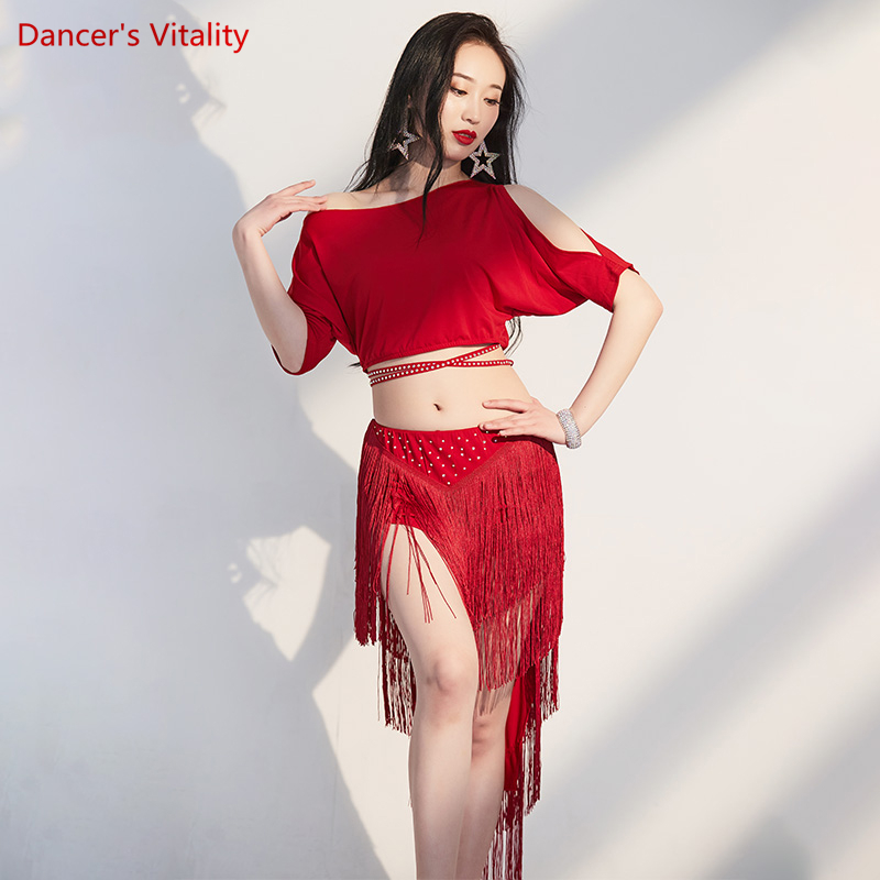 Costume d'entraînement de danse du ventre pour femmes, haut à manches courtes + jupe à franges, costume de spectacle de danse du ventre, tenue orientale féminine