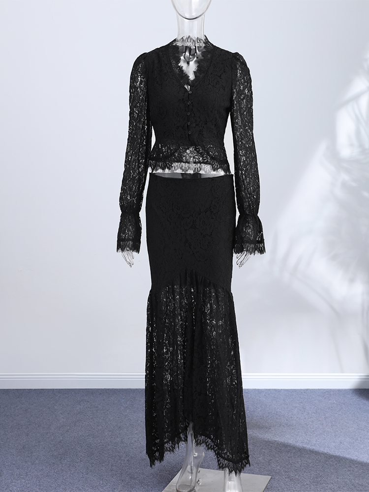 Nouveauté 2026 : Ensemble Printemps Femme – Hauts en Dentelle à Manches Bouffantes, Jupes Longues, Manteaux Slim à Col V et Jupes Cintrées à la Taille – Tenue Unie Élégante
