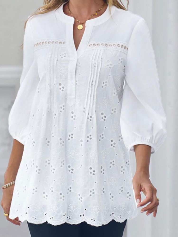 Pull à col en V évidé en dentelle blanche pour femmes, haut décontracté, chemise d'été élégante, vêtements de bureau, mode
