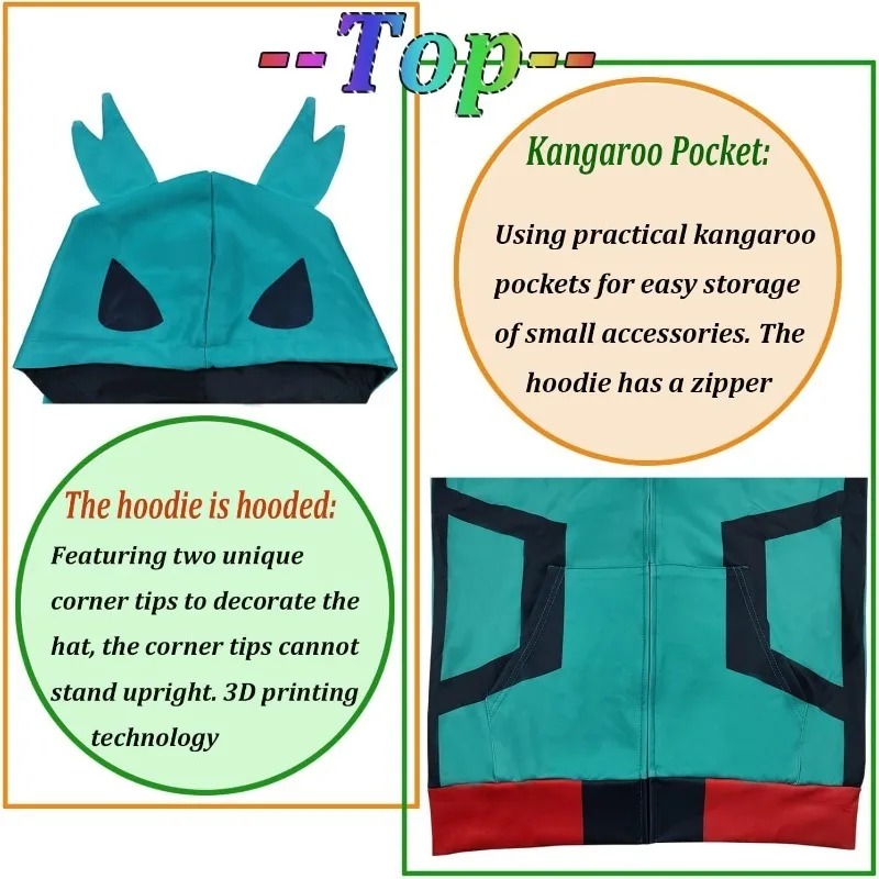 Costume de cosplay Anime My Hero School Midoriya Izuku, sweat-shirt à capuche vert pour homme, décontracté pour tous les jours et les fêtes