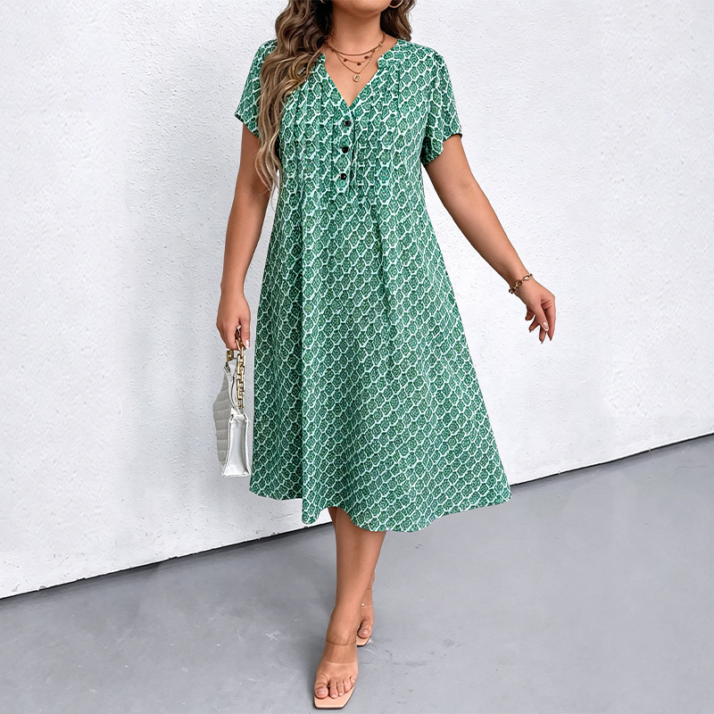 Robe mi-longue à col en v pour femmes, grande taille, manches courtes, imprimé boutonné, robe décontractée d'été avec poches pour les vacances