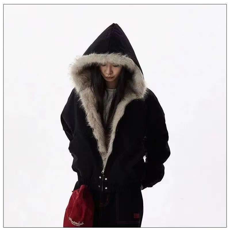 Veste d'optique d'hiver pour hommes, manteau surdimensionné Harajuku, col en laine rétro américain, haut en peluche de coton à capuche, rue, hip-hop, gothique