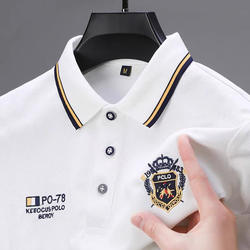 Polo de marque de luxe à manches courtes broderie exquise haut pour homme en soie lisse et respirante coton t-shirt décontracté d'été