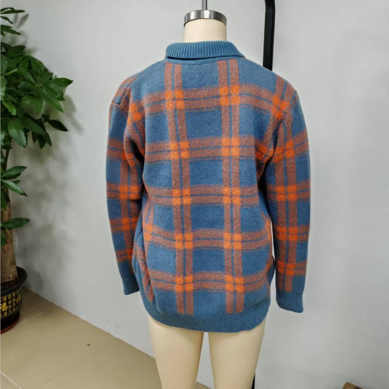 Pull décontracté pour femmes, printemps et automne, à carreaux, manches longues, col châle, pull cardigan