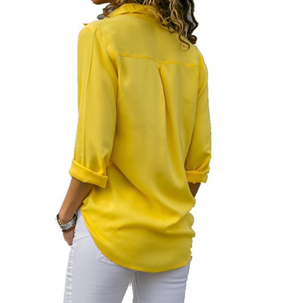 Femmes jaune en mousseline de soie Blouse Sexy automne à manches longues bouton asymétrique chemise femme vêtements de travail chemise Blouse surdimensionné ARJ-196Y