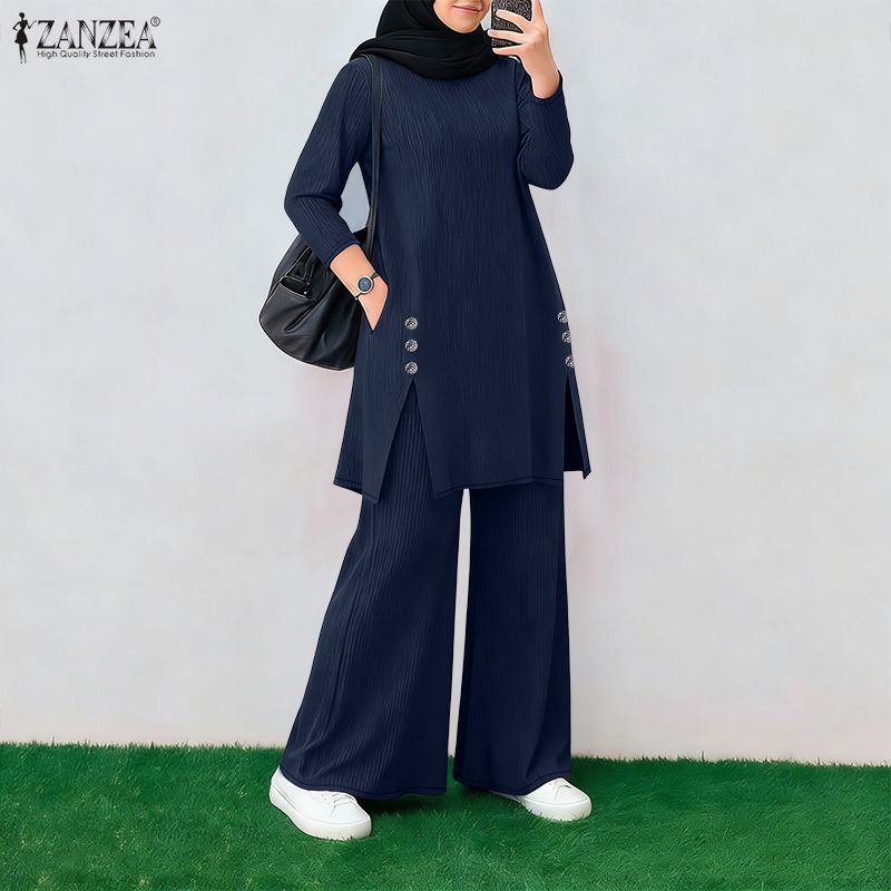 Ensemble élégant 2 pièces pour femme musulmane ZANZEA – Tenue de Ramadan avec hauts à manches longues col rond et pantalon large – Survêtement Hijab Dubaï