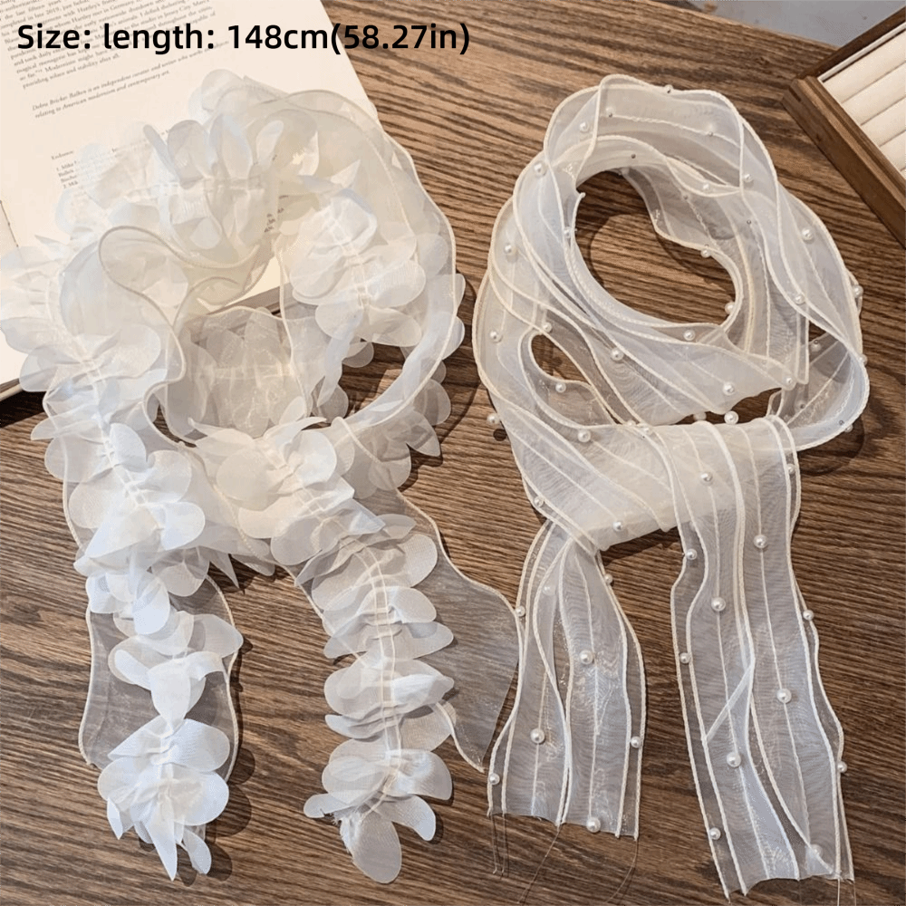 Nouveau Foulard Blanc en Dentelle avec Pétales et Perles, en Organza Français, Long et Fin, Accessoire de Mode