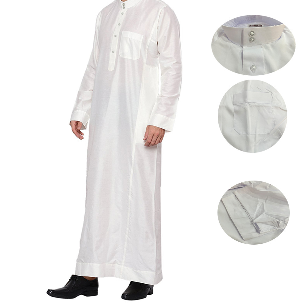 Islamique blanc Jalabiya Khamis arabe Kurta pyjama vêtements pour hommes noir Thobe musulman Polyester hommes Robe de prière dubaï caftan