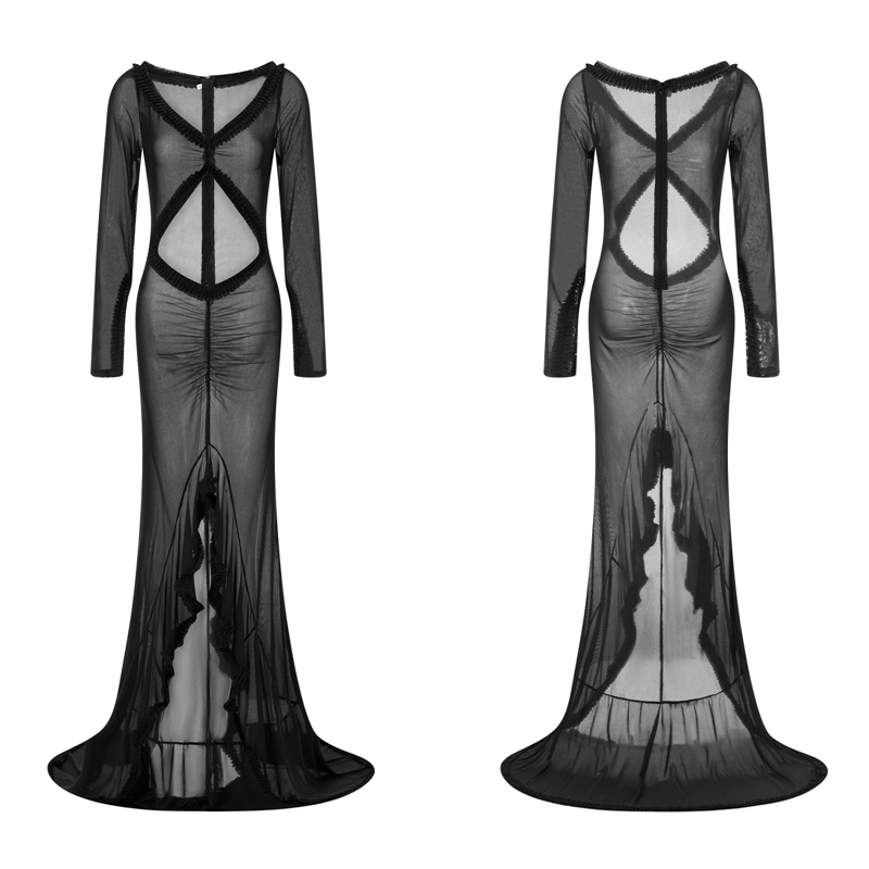 Robe de plage en maille transparente pour femmes, volants en dentelle, batterie froncée, maxi, élégante, creuse, col en V, fendue, manches longues