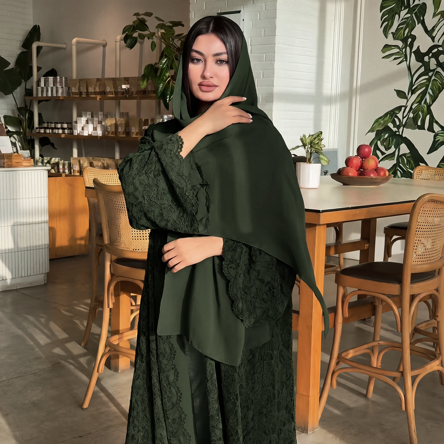 Abaya Cardigan Dubaï à Double Couche en Dentelle pour Femme – Robe Ample et Respirante, Kaftan Décontracté, Vêtement Islamique