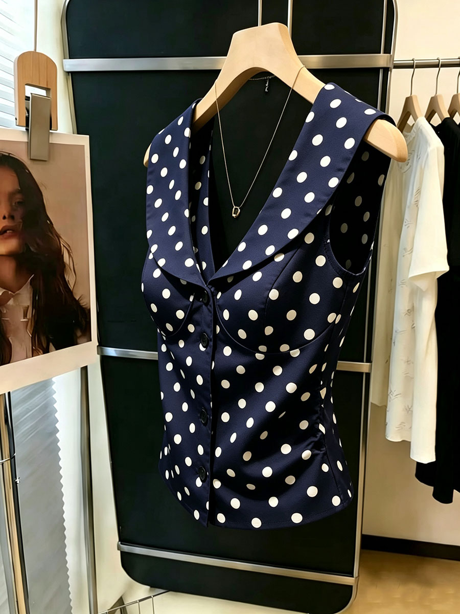 Débardeur Femme Vintage à Pois Col V Sans Manches Boutonné Coupe Slim Bleu Marine Tenue Décontractée d'Été Streetwear