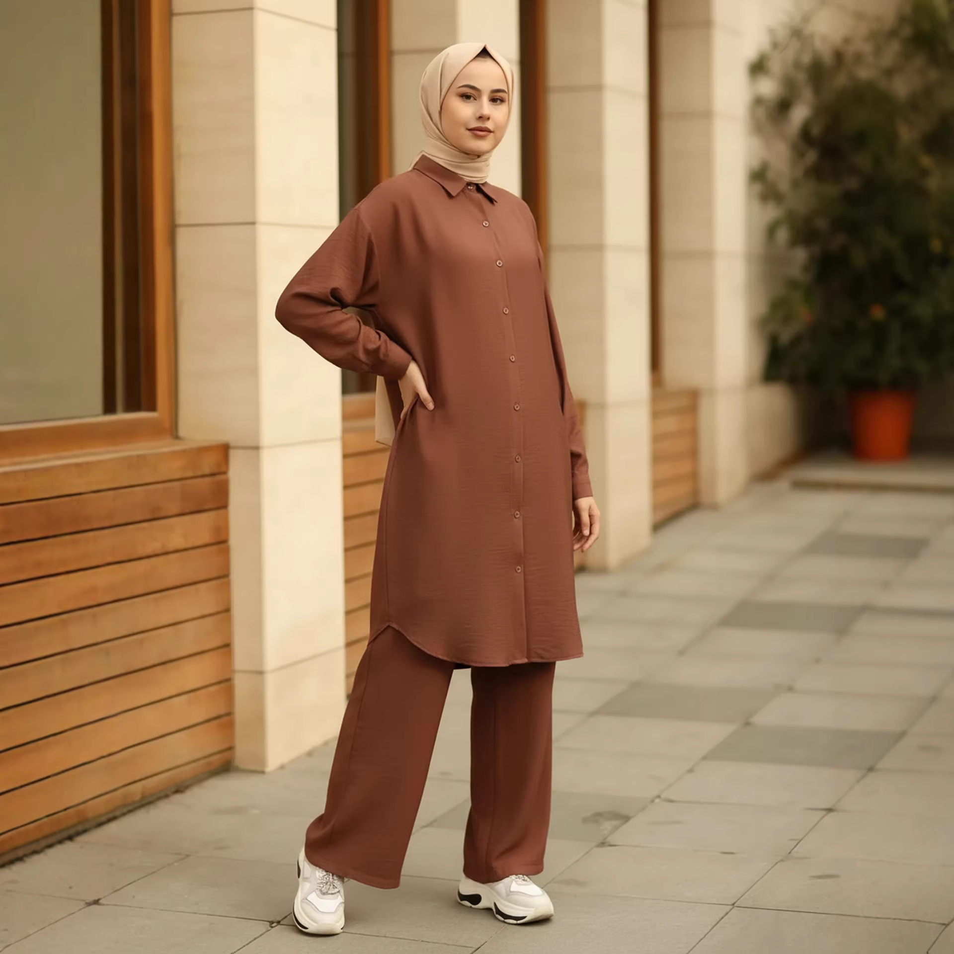 Printemps tenue musulmane ensemble turquie dubaï Abaya femmes à manches longues chemise pantalons décontractés costume modeste vêtements islamiques Ensembles Femme