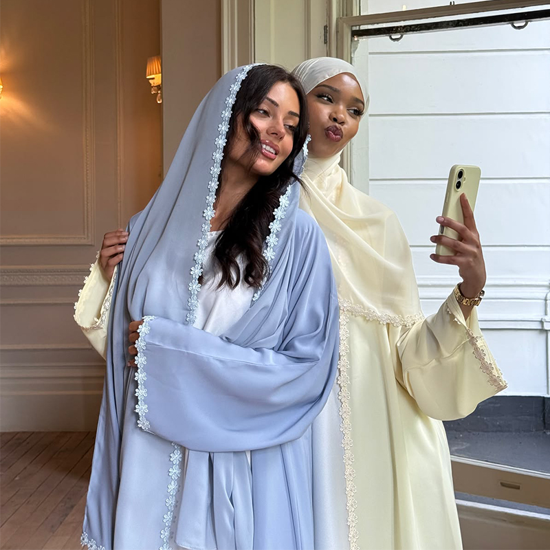 Ensemble Abaya Hijab pour Femmes, Robe en Dentelle, Jalabiya, Robes de Fête du Ramadan, Cardigan Musulman, Robe Marocaine, Abayas de Dubaï, Kaftan, Vestidos