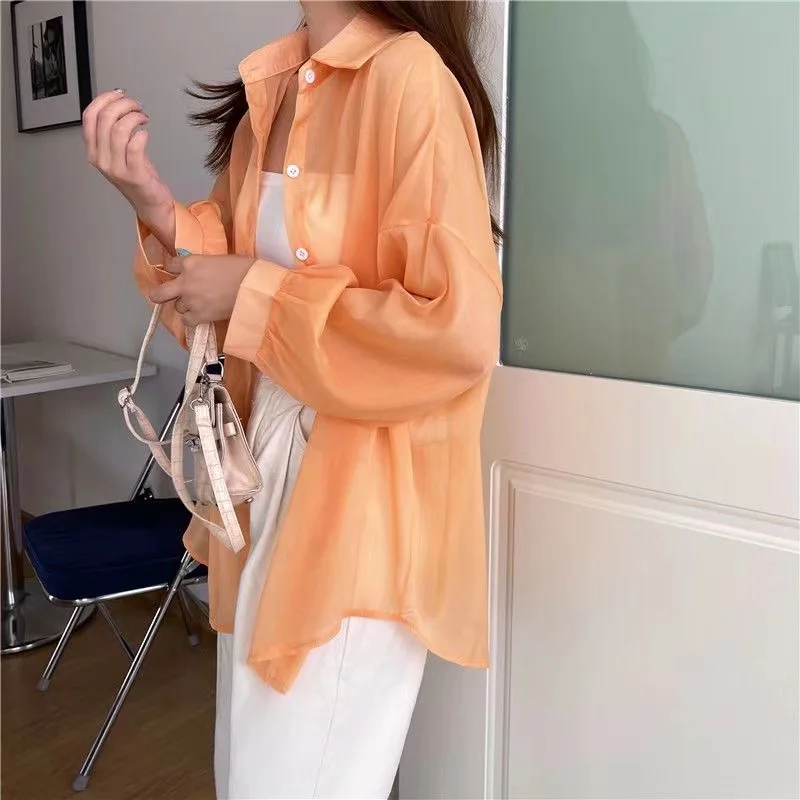 Chemise pour femmes Blouse à manches longues haut en mousseline de soie été Simple résistant au soleil mode tout-match basique coréen Sexy solide chemise décontractée