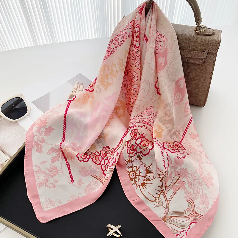 Foulard carré imprimé floral 70x70cm pour femmes, Hijab à la mode, bandeau en Satin doux, Foulard Bandana, cravates