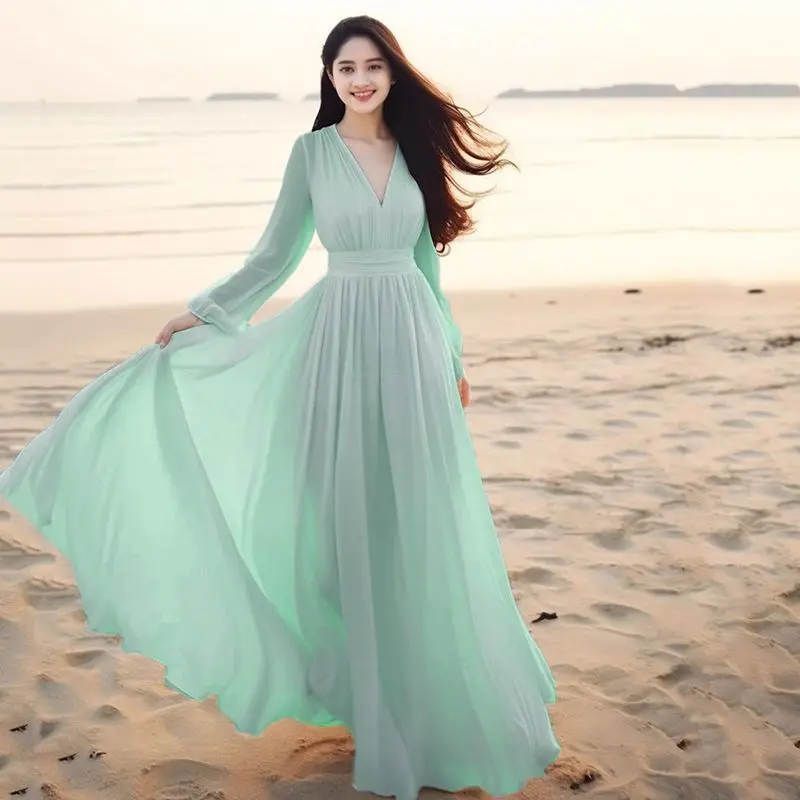 Robe de plage en mousseline de soie pour femmes, nouvelle collection printemps été, manches longues, Sanya, vacances à la plage, élégante, super féerique, longue, grande balançoire