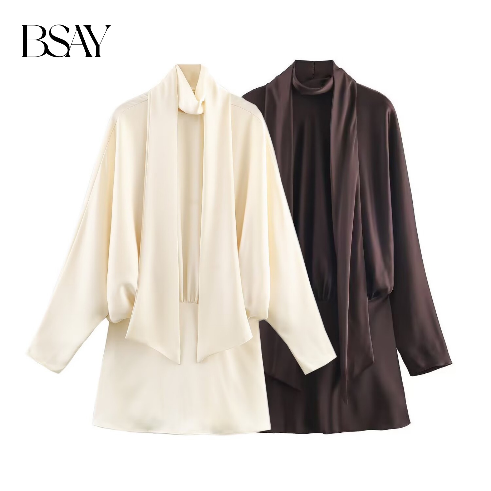 BSAY Satin Texture écharpe décoration robe courte femmes mode automne hiver nouvelles manches longues France femme robes de soirée