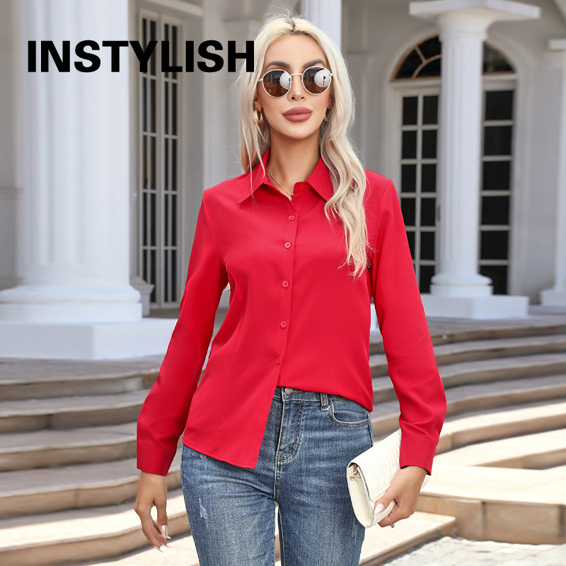 Chemise élégante pour femmes, chemisier en mousseline de soie à boutons, printemps été, décontracté, uni, manches longues, col rabattu, tuniques, chemisier OL, hauts