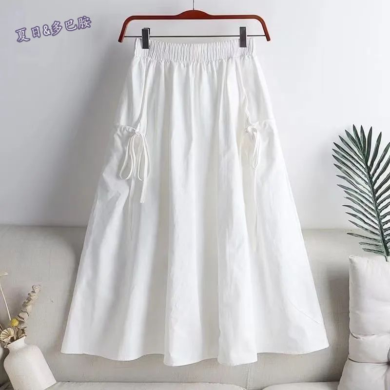 Jupe cargo d'été pour femmes, couleur unie, jupe mi-longue de style coréen avec poches, jupe de travail en forme de A pour étudiantes, jupe cargo pour femmes.