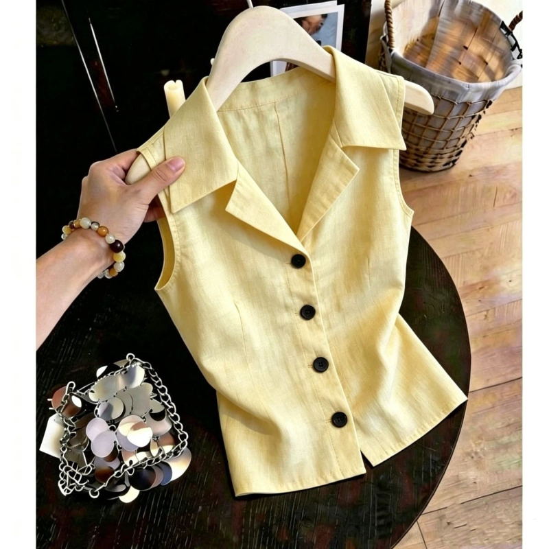 Nouvelle Blouse Élégante Sans Manches pour Femme, Coupe Slim, Boutonnée, Unie, Simple et Polyvalente, Mode Été, Idéale pour le Bureau
