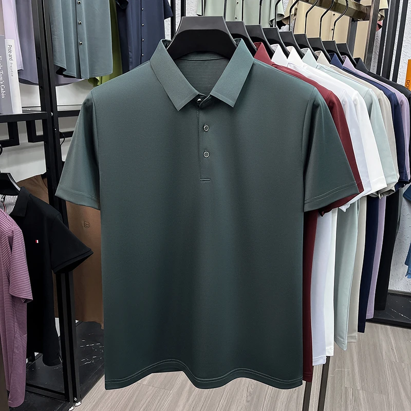 Polo en soie de mûrier pour hommes, tissu doux au toucher soyeux, manches courtes, pour les affaires et un usage quotidien