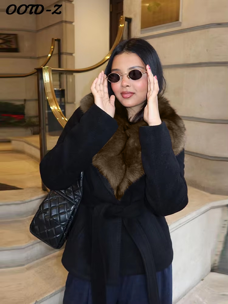 Manteau en laine à lacets en fausse fourrure pour femme, élégant, col châle, ceinture, taille, manches longues, mode automne hiver, vêtements d'extérieur pour dames