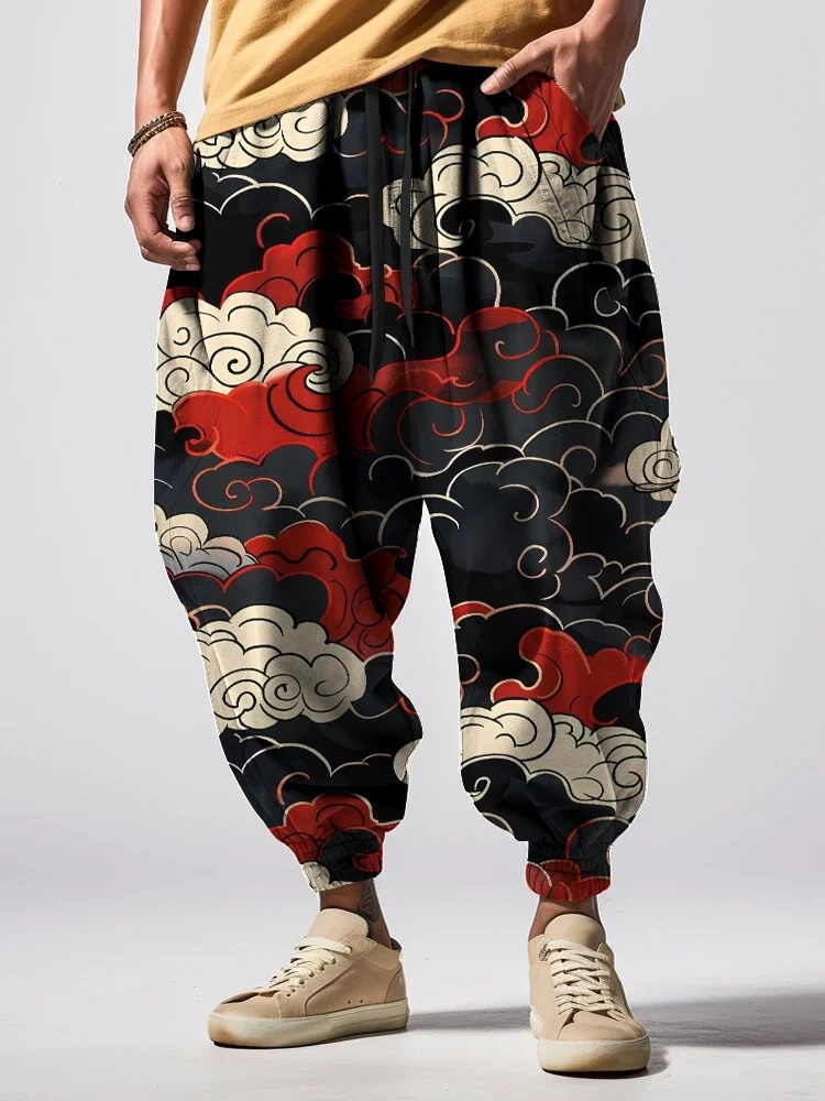Pantalon de survêtement ample pour homme, style japonais, imprimé nuage artistique, taille à cordon, coupe oversize, large, long, sport, 2026