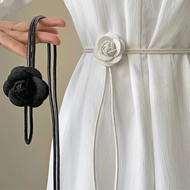Chaîne de taille en corde de cuir pour femmes, fleur de camélia, ceinture fine, nœud doux, vêtements à la mode, robe, ceintures décoratives