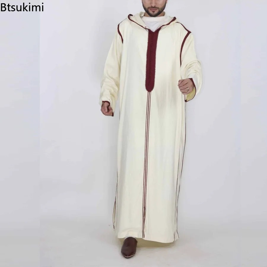 Vêtements islamiques décontractés à rayures rouges pour hommes, sweat à capuche musulman, vêtements Jubba Thobe, Ramadan Abaya, Dubaï, Turquie, printemps, automne, nouveau