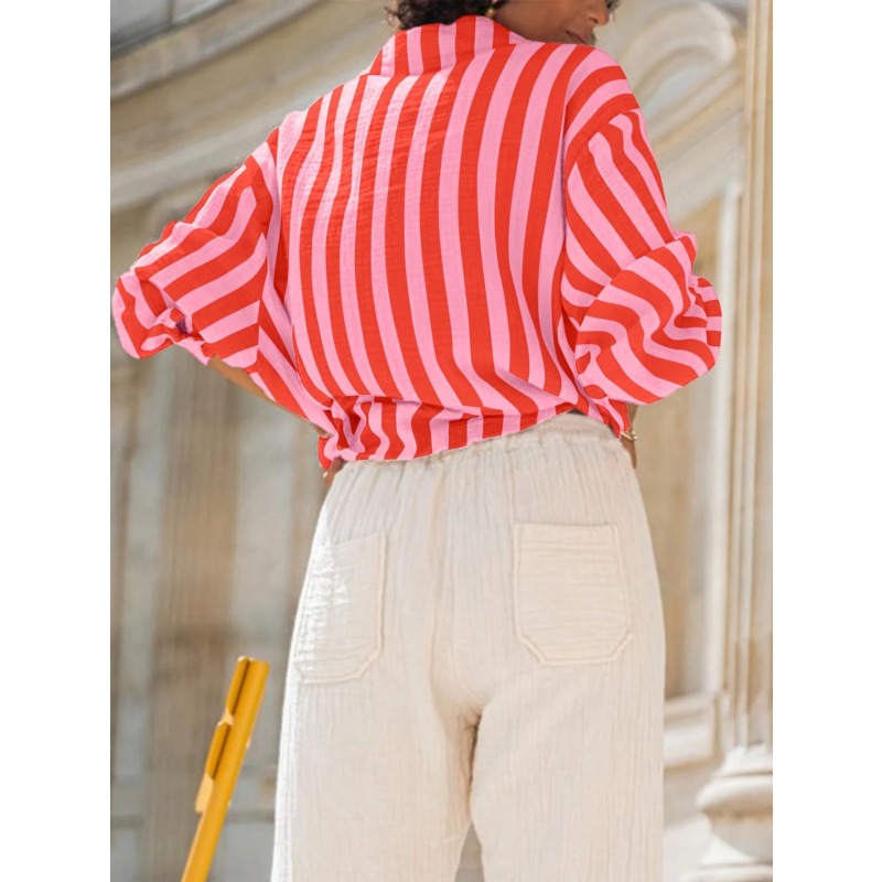 Grande taille 1XL-5XL femmes été nouveau col rabattu chemise à rayures verticales à manches longues dame blouse décontractée haut