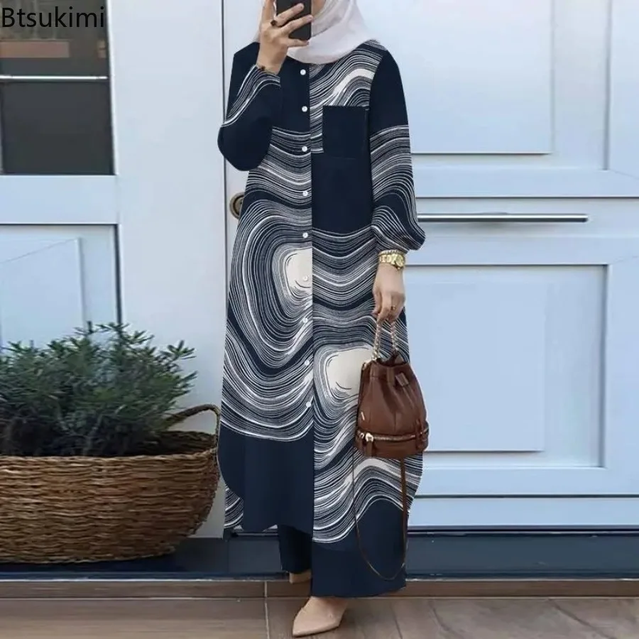 Chemisier et pantalon à imprimé floral pour femmes musulmanes, ensembles assortis, décontracté, élégant, vintage, ramadan, mode féminine, Eid Mubarek, trempé