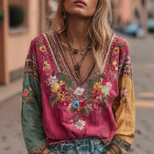 Chemise décontractée à col en V imprimée pour femmes, chemises à manches longues, hauts à la mode, style bohème, vintage, vêtements de printemps pour femmes