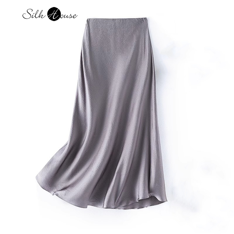 Nouvelle jupe queue de poisson élégante en satin de soie de mûrier 100 % naturelle, gris foncé, coupe diagonale, enveloppante, pour femme, été 2026