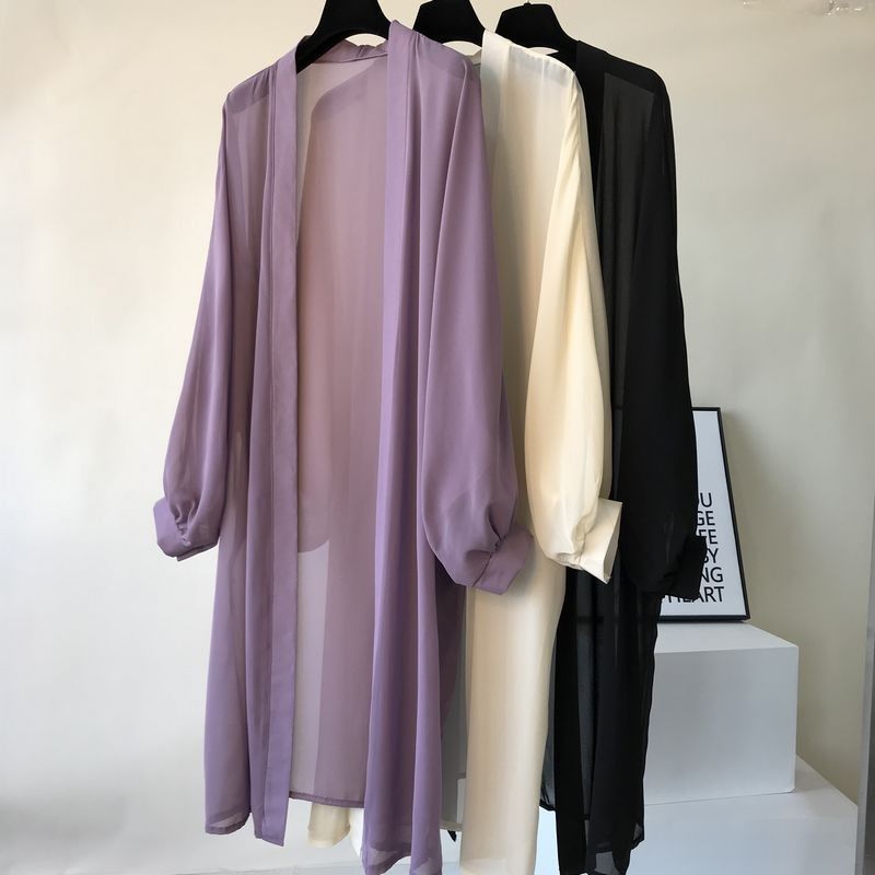Cardigan long en mousseline de soie pour femmes, mode coréenne décontractée, été, vacances à la plage, châle respirant, couleur unie