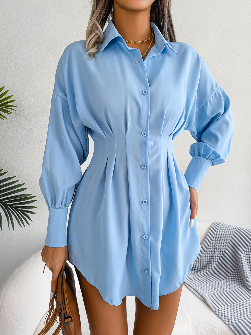 Femmes décontracté boutons à manches longues chemise robe automne 2026 couleur unie revers Mini robe blanc bleu armée vert femme vêtements