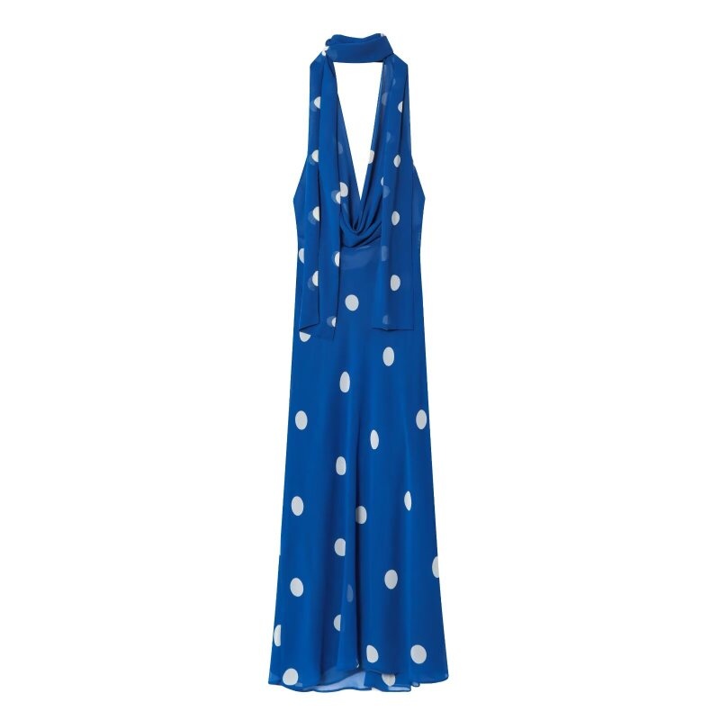 Robe de plage pour femmes, tenue d'été bleue à pois, col licou, ceinture, longueur cheville, coupe ajustée, tenue de vacances