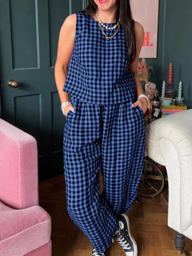 Mode femmes pantalons ensemble imprimé Plaid sans manches 2025 printemps été décontracté gilet neuf points pantalon vêtements de maison femme 2 pièces ensemble