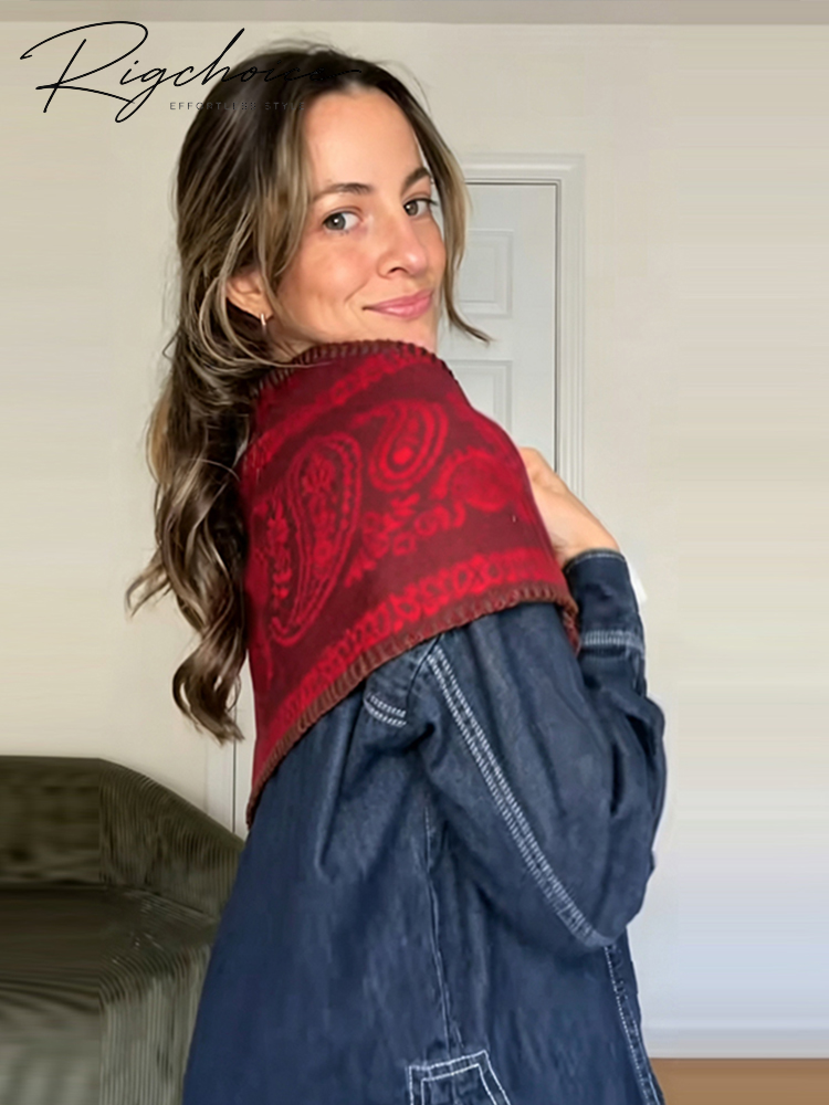 Écharpe triangulaire en tricot à motifs paisley et blocs de couleurs vintage, accessoire polyvalent chic pour femme, idéal pour la rue, automne-hiver, bandana à bordure matelassée.