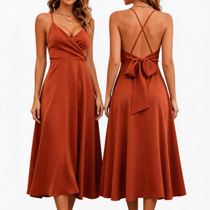 Nouvelle Robe Femme en Satin Sexy Dos Nu à Bretelles Croisées Col V Coupe Trapèze Élégante pour Soirée et Rendez-vous Couleur Caramel DR2019