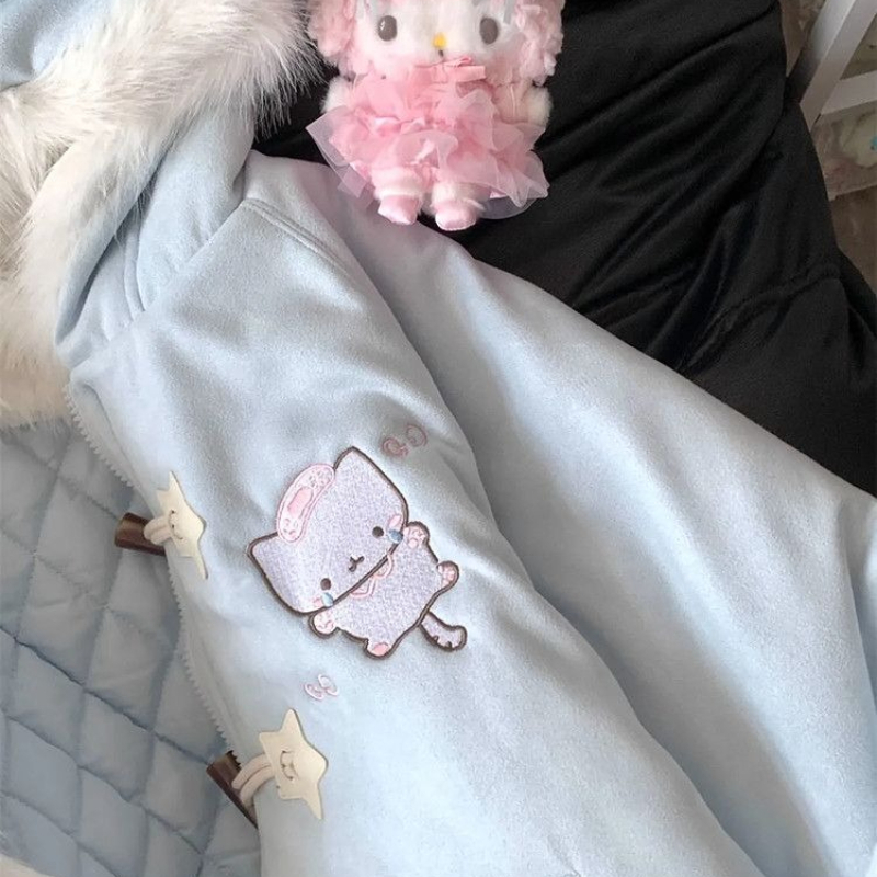 Parka Lolita brodée de dessin animé Style Preppy japonais pour femme, manteau à capuche en fourrure, Patchwork, Harajuku Y2k, vêtements chauds d'hiver