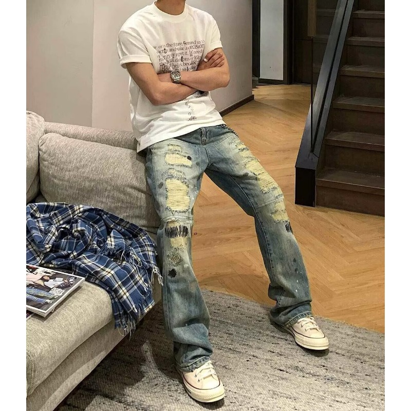 Jean pour homme vintage déchiré et délavé, coupe droite, broderie, style bootcut, bleu