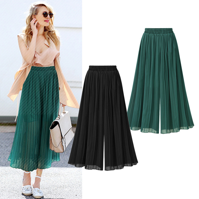 Pantalon ample à jambes larges pour femmes, grande taille, mode d'été, Streetwear, plissé, jupes, taille élastique, culotte, noir, vert