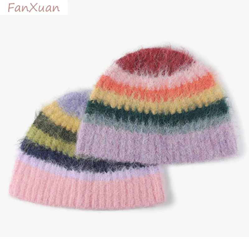 Bonnet en tricot à rayures arc-en-ciel pour femmes et filles, Streetwear Y2K, Bonnet en laine, Bonnet de poisson en peluche, Dégradé, Mode hivernale