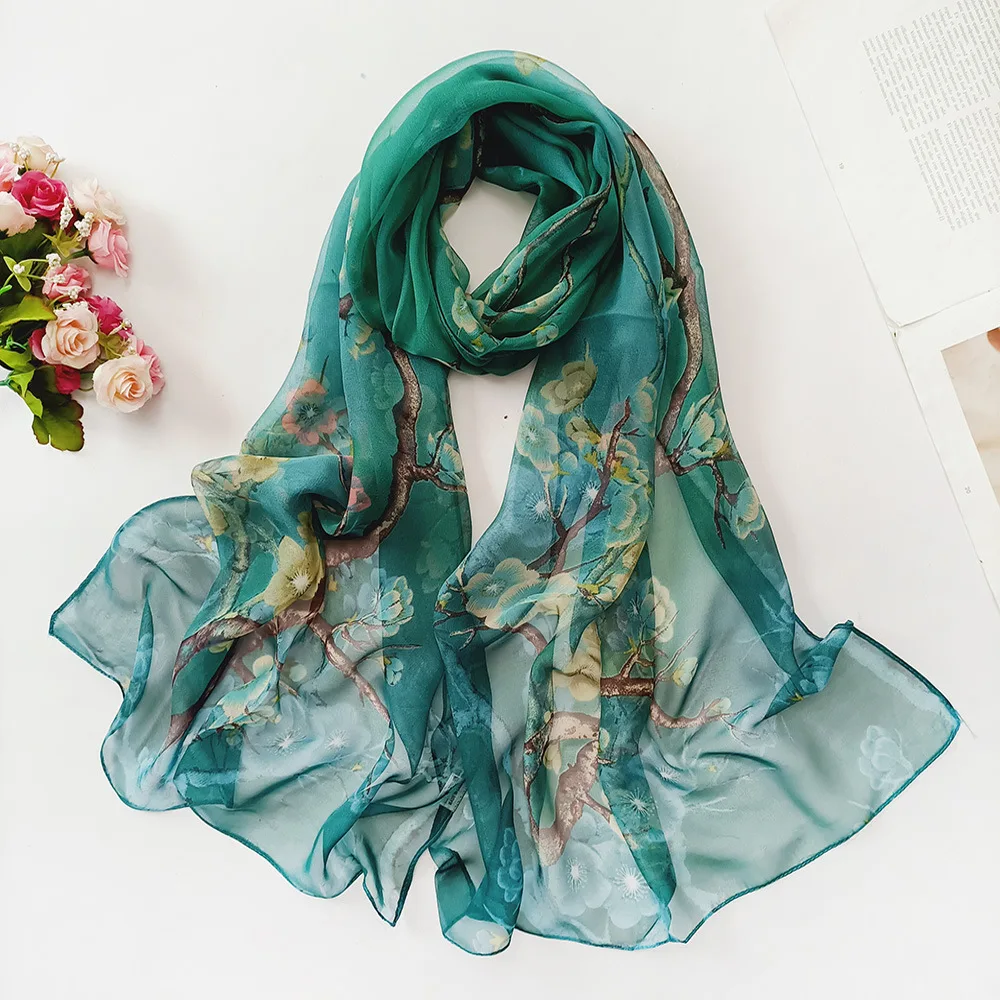 Injplanchers ves-Foulard en mousseline de soie pour femme, châle fin, hijab, imprimé floral, bandana, protection solaire, long cou